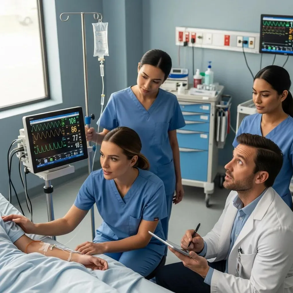 Medical Detox: What To Expect During Withdrawal Medical team monitoring a patient during detoxification, with vital signs displayed on a monitor, in a clinical setting focused on managing withdrawal symptoms.