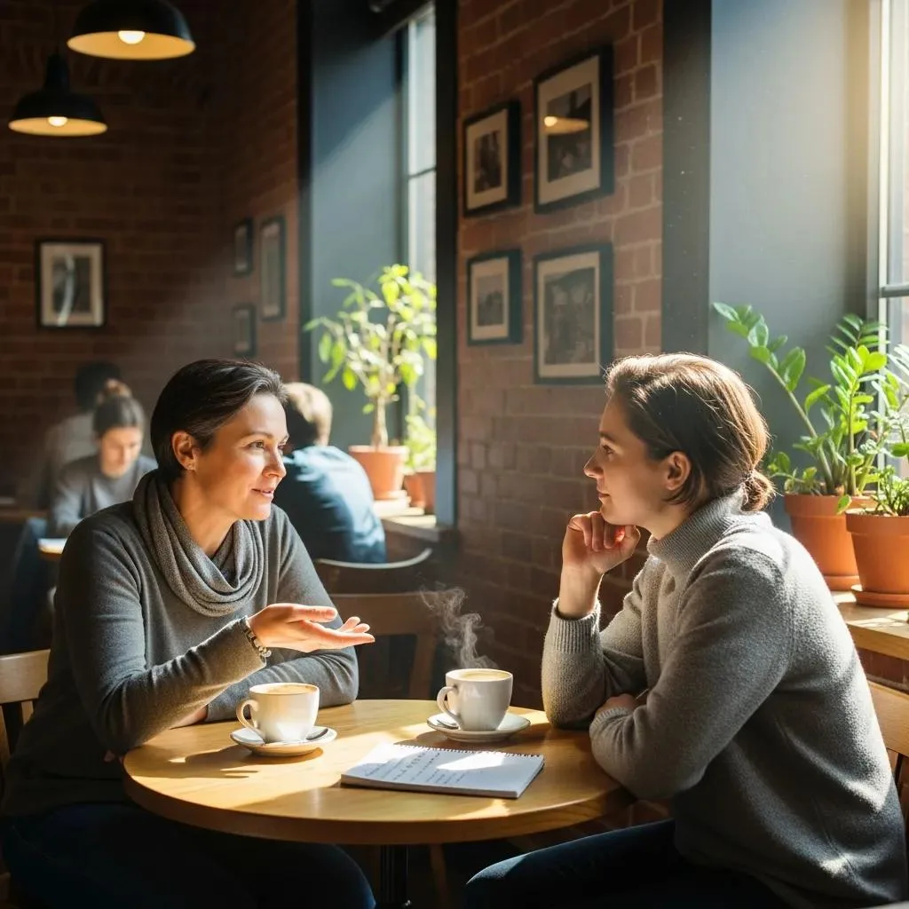 Mentor and mentee discussing recovery steps in a cozy caf&eacute;, highlighting the importance of sponsorship in addiction recovery, with coffee cups and notes on the table.