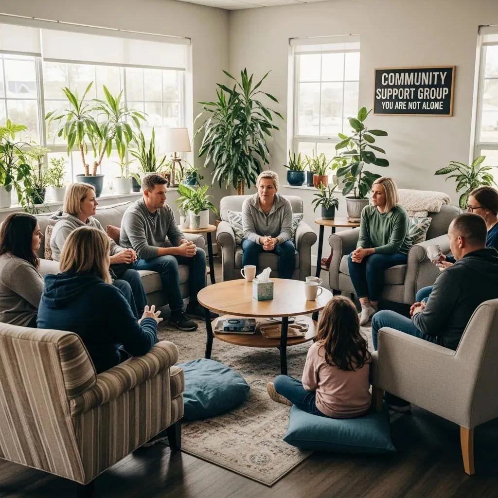 Tricare Insurance For Rehab Anthem, Nevada Community support group meeting for military families, discussing addiction treatment, surrounded by plants in a cozy room, emphasizing connection and shared experience.