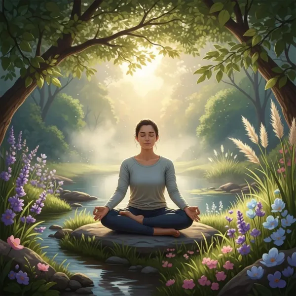 Blogs Woman meditating in nature by a serene stream, surrounded by colorful flowers and lush greenery, symbolizing mindfulness and relapse prevention strategies in recovery.