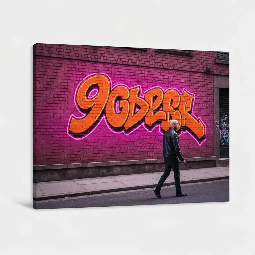 Man walking past vibrant graffiti reading "9ODEBL" on a brick wall, emphasizing urban art and self-expression in addiction recovery context.