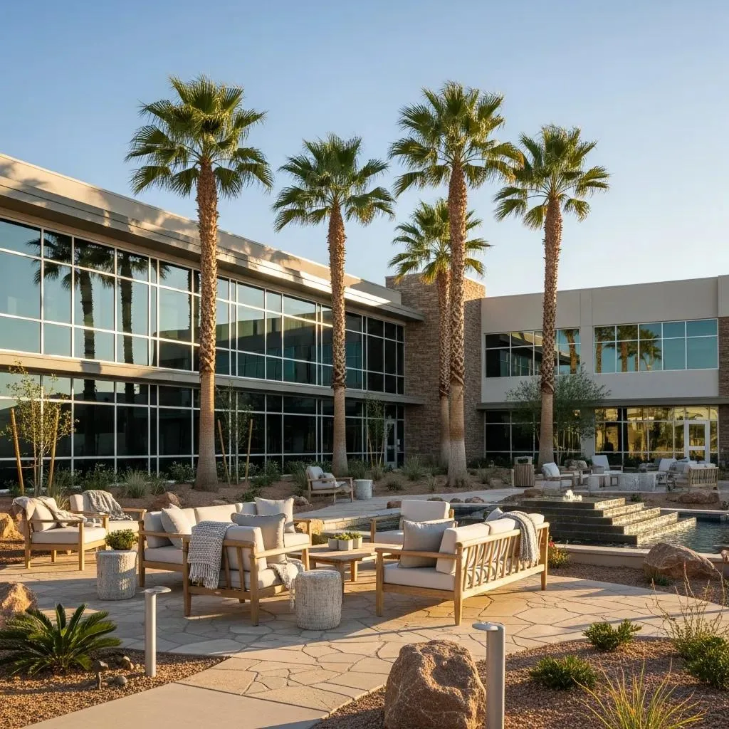 Modern addiction rehab center in Las Vegas featuring serene outdoor space with palm trees, comfortable seating areas, and landscaped surroundings.