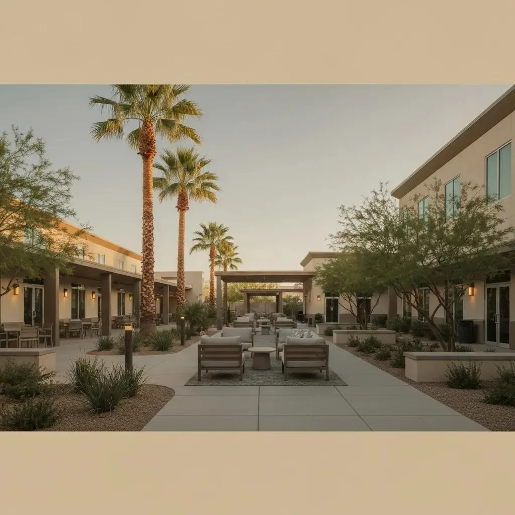 How To Find An Addiction Rehab Near Me In Las Vegas Serene outdoor space of a modern addiction rehab facility in Las Vegas, featuring palm trees, lounge seating, and landscaped gardens, emphasizing a tranquil environment for recovery.
