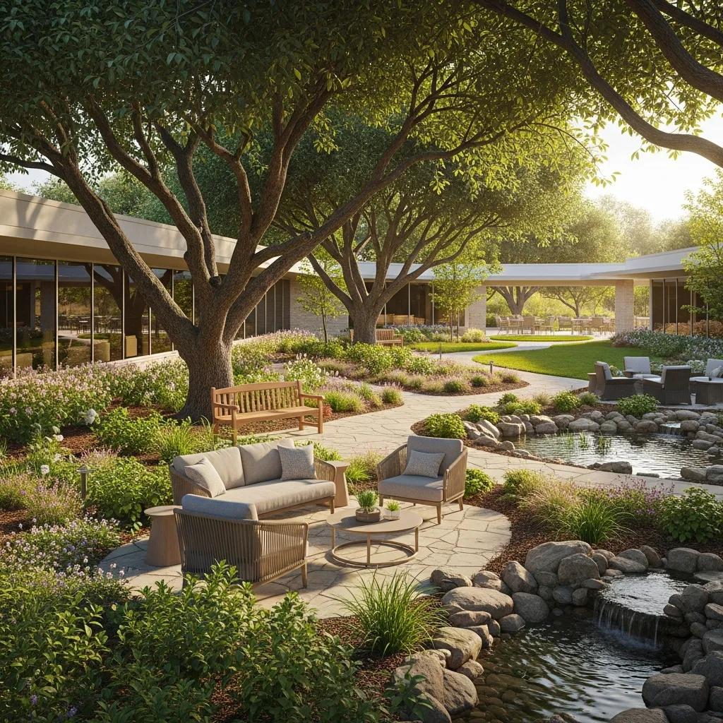What To Expect During Addiction Rehab Serene outdoor space at a modern addiction rehab facility featuring comfortable seating, lush landscaping, and a tranquil water feature, promoting recovery and hope.