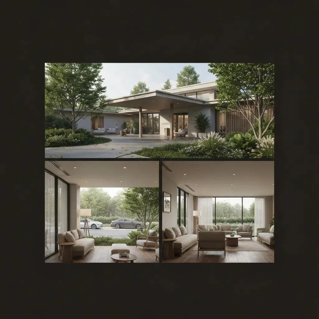 Addiction Treatment Center Serving Enterprise, Nevada Modern addiction treatment center entrance surrounded by greenery, symbolizing hope and recovery; interior views showcasing comfortable, inviting spaces for rehabilitation in Enterprise, Nevada.