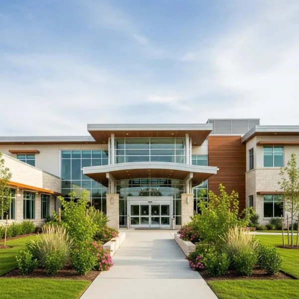 Blogs Modern addiction treatment center entrance with landscaped pathway, symbolizing ethical care and transparency.