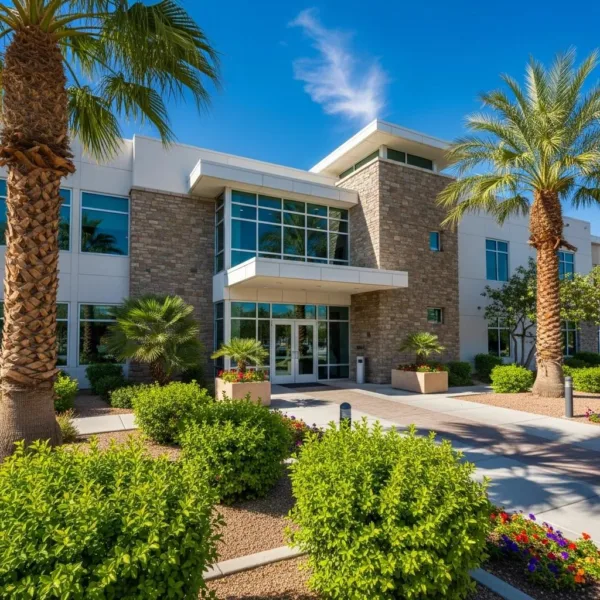 Modern Addiction Treatment Center In Las Vegas With Inviting Entrance And Lush Landscaping