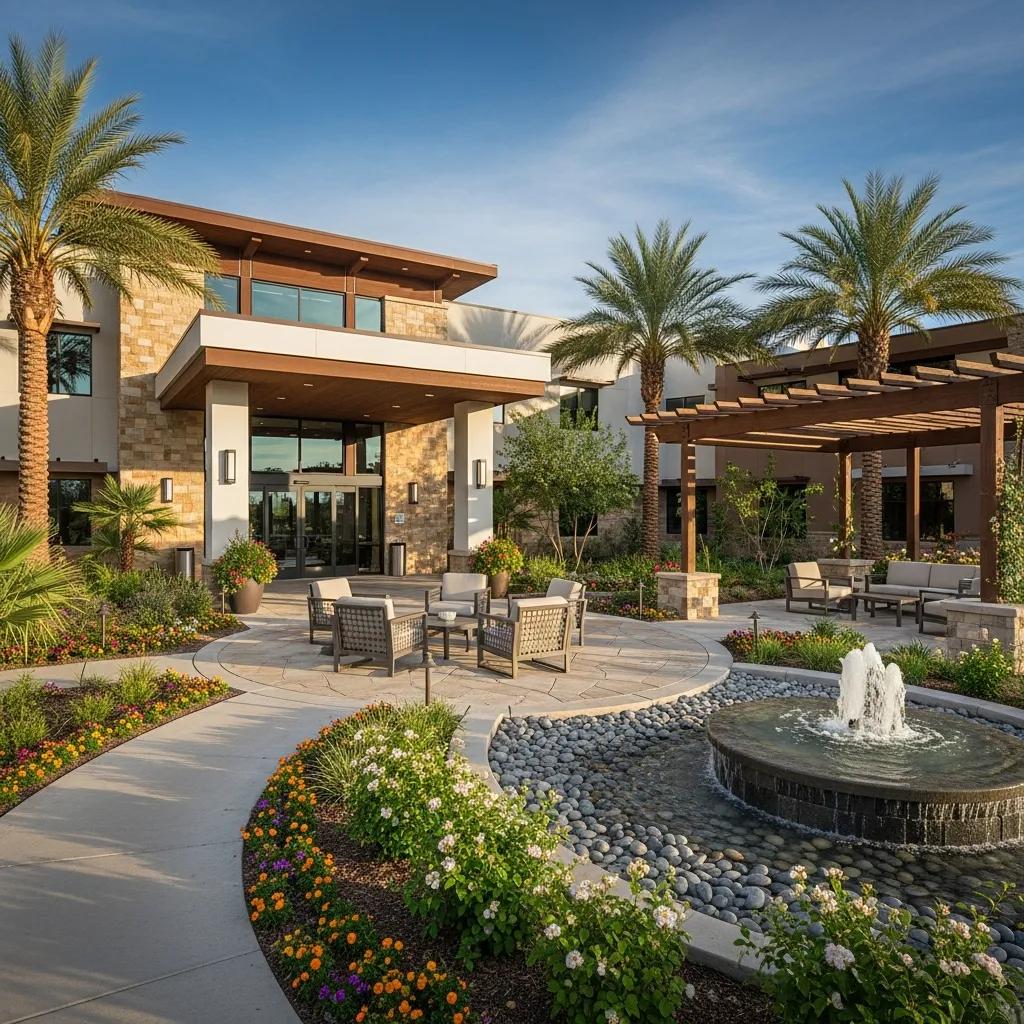 Premier Addiction Treatment Center In Las Vegas, Nevada Modern addiction treatment center in Las Vegas, featuring inviting landscaping, a peaceful atmosphere, and a central fountain surrounded by comfortable seating areas.