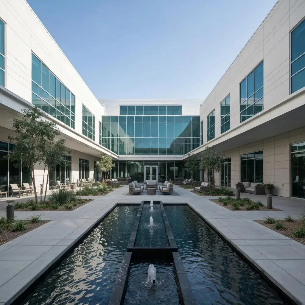 Serene outdoor space of a modern addiction treatment center in Las Vegas, featuring a landscaped courtyard with a water feature, comfortable seating areas, and large glass windows reflecting a tranquil environment conducive to recovery.