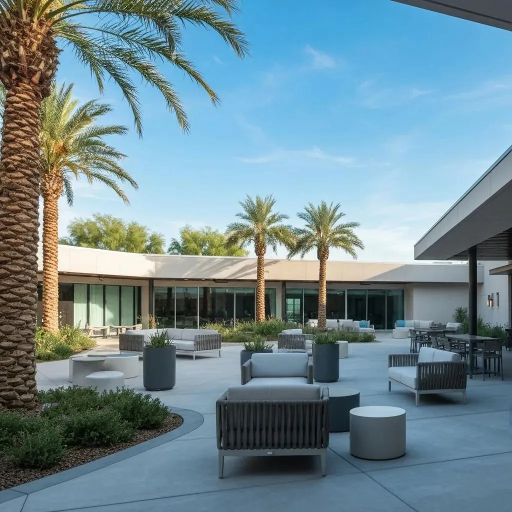 Serene outdoor space at BetterChoice Treatment Center in Las Vegas, featuring palm trees, modern seating arrangements, and a welcoming atmosphere for addiction treatment.