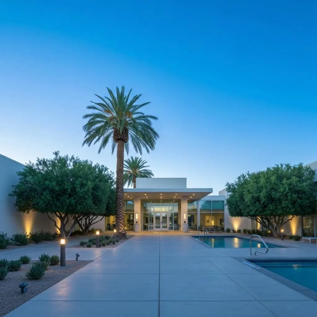 Modern addiction treatment center entrance in Las Vegas with palm trees, greenery, and pool, reflecting welcoming atmosphere for Aetna insurance clients.