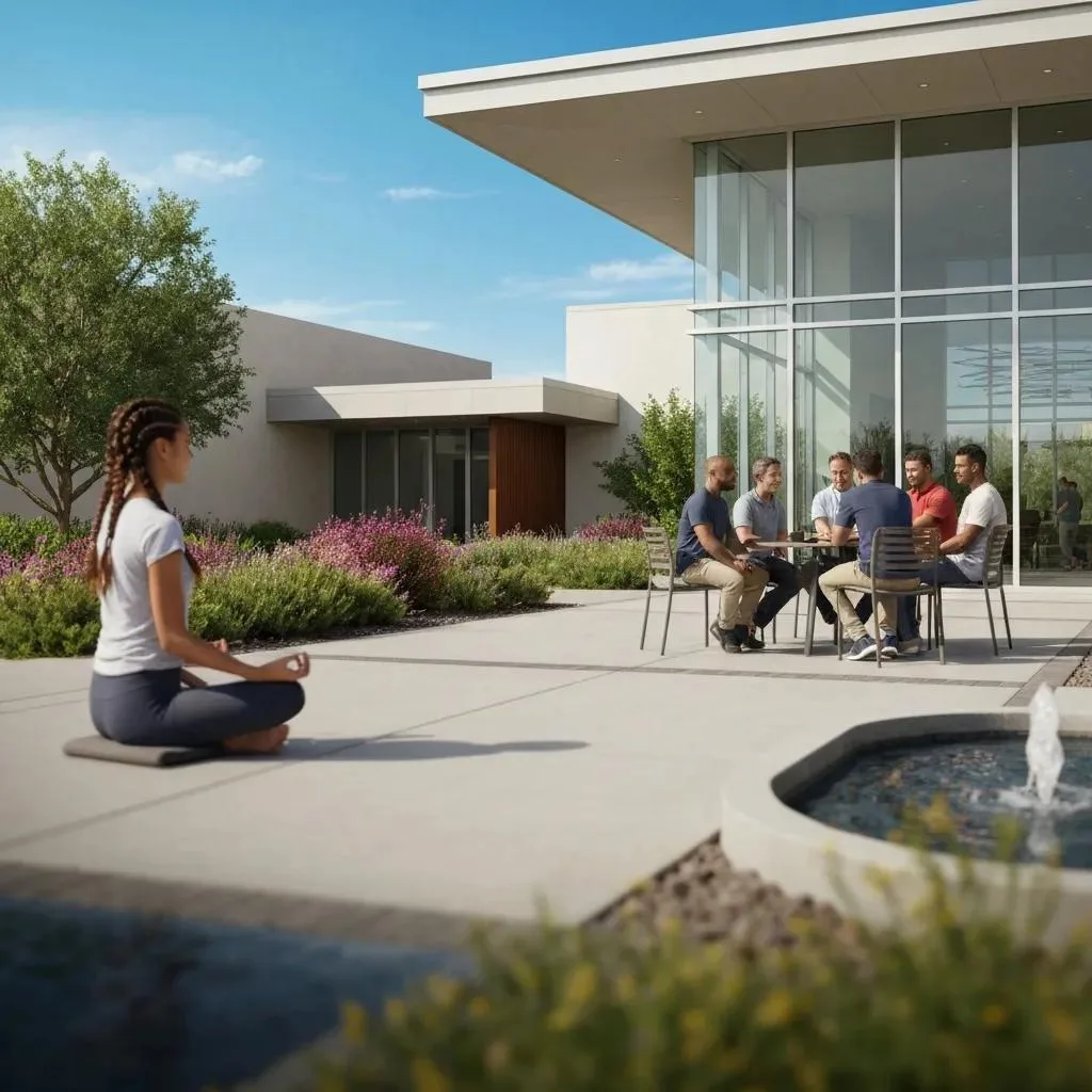 Meditation session with a woman in foreground and group therapy discussion among men in supportive outdoor environment at BetterChoice Treatment Center, Las Vegas.