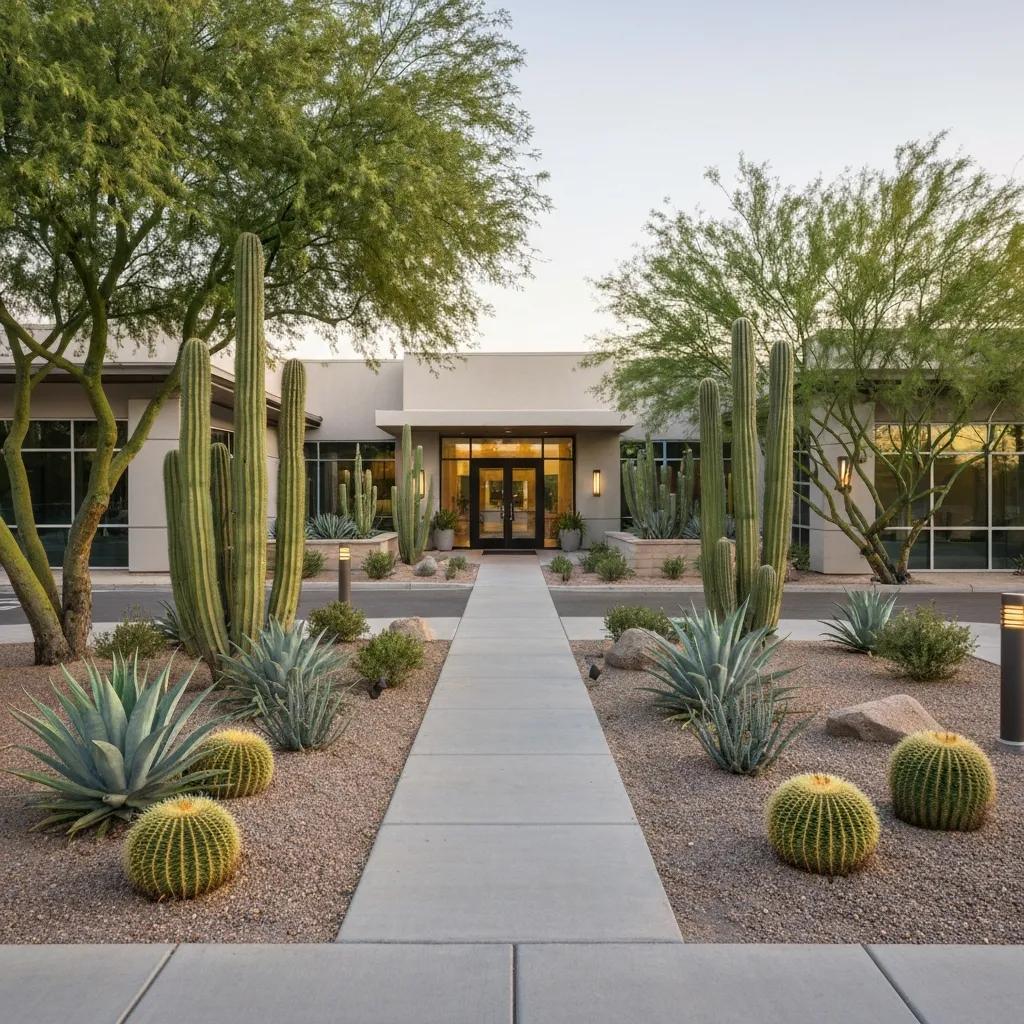 Addiction Treatment Center Serving Paradise, Nevada Modern addiction treatment center in Paradise, Nevada, featuring a landscaped pathway, cacti, and succulents, emphasizing recovery and hope.