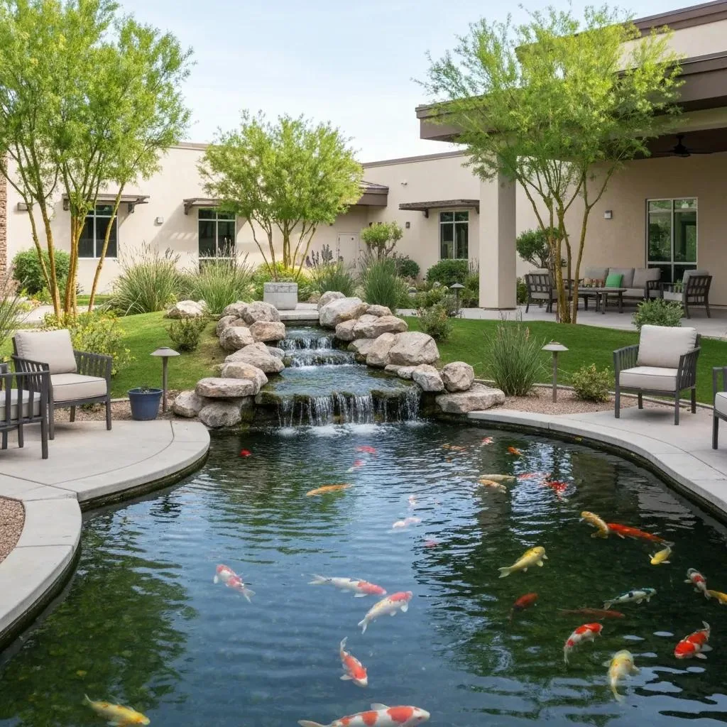 Addiction Treatment Center Serving Spring Valley, Las Vegas Modern addiction treatment center in Spring Valley, Las Vegas, featuring serene outdoor space with koi pond, waterfall, and comfortable seating for a welcoming and supportive environment.
