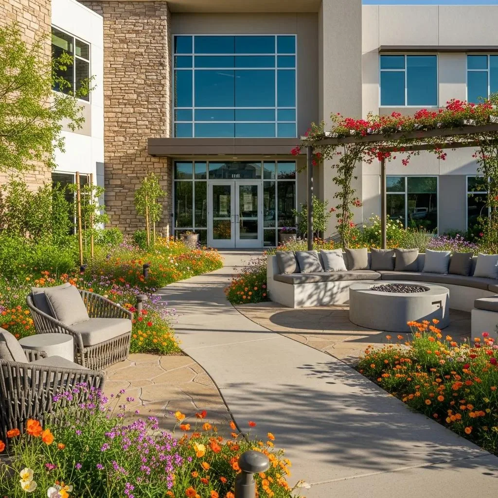 Modern addiction treatment center entrance in Spring Valley, Nevada, featuring a welcoming courtyard with vibrant flowers, seating areas, and a fire pit, emphasizing a serene environment for recovery.