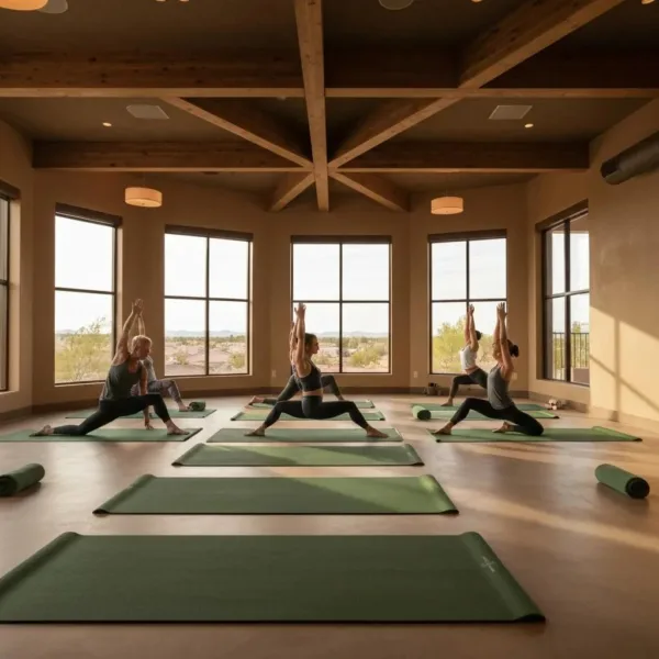 Blogs Group yoga session in a bright, spacious studio with large windows, showcasing participants practicing various poses on green mats, emphasizing wellness and recovery in a serene environment.