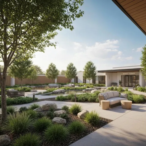 Modern Addiction Treatment Center With Serene Outdoor Space And Welcoming Entrance
