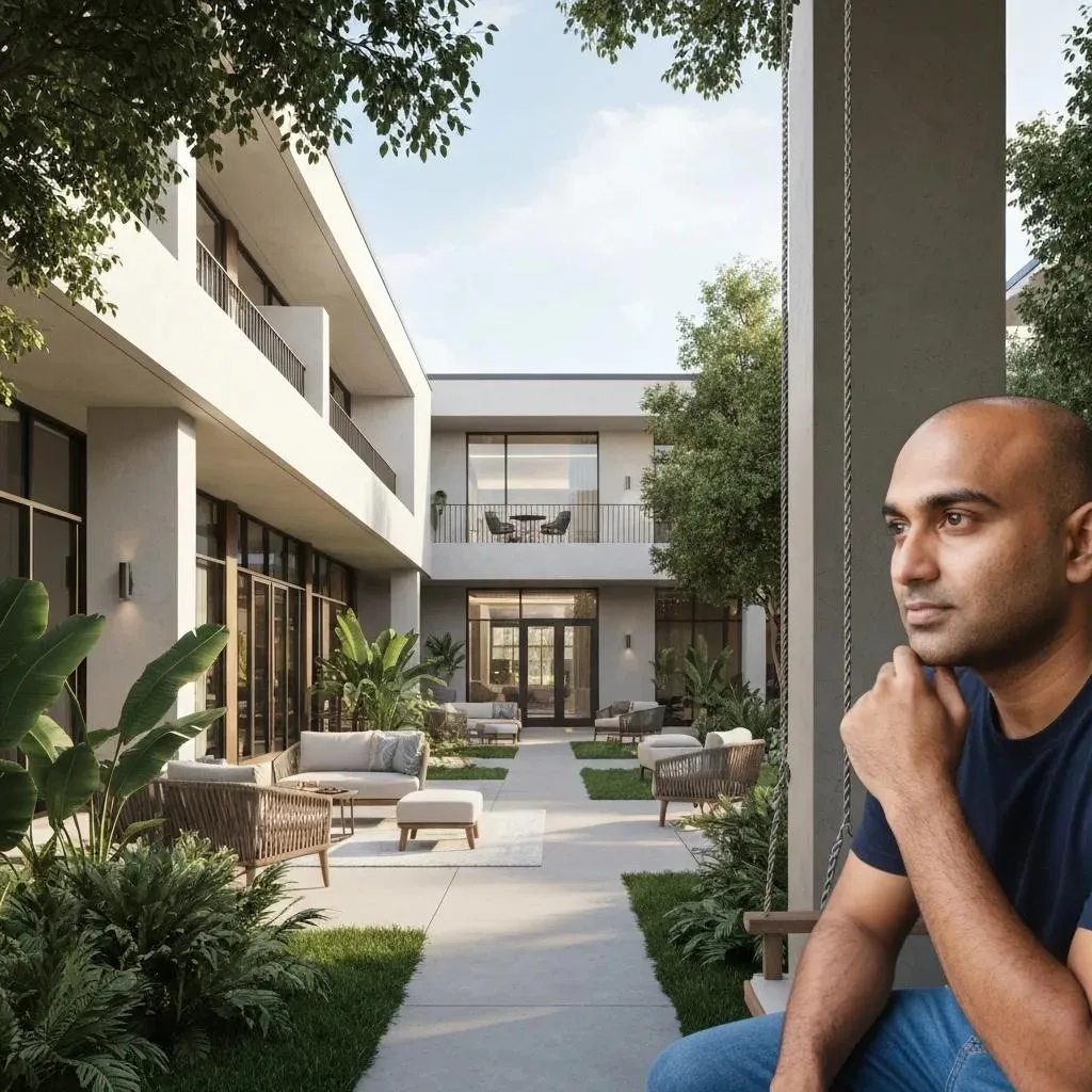 Modern alcohol rehab facility in Las Vegas featuring serene outdoor spaces, inviting atmosphere, and a contemplative man in a tranquil courtyard surrounded by lush greenery and comfortable seating.