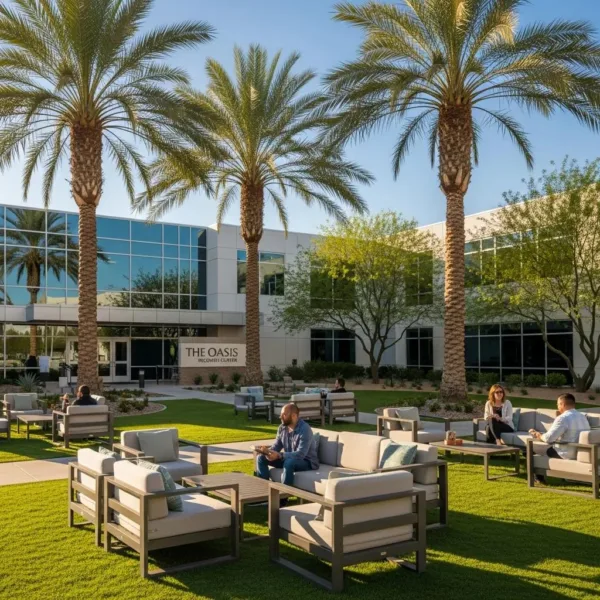 Modern Alcohol Rehabilitation Center In Las Vegas With Serene Outdoor Seating And Palm Trees
