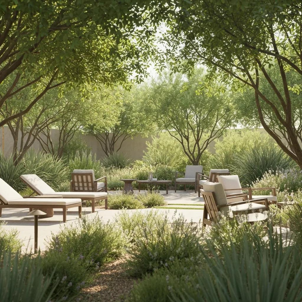 Serene outdoor space at BetterChoice Treatment Center in Las Vegas featuring lounge chairs and a coffee table surrounded by lush greenery, emphasizing a peaceful environment for alcohol rehabilitation.