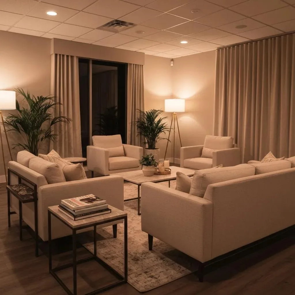 Top Detox Centers In Las Vegas, Nevada Calming waiting area in a modern detox center in Las Vegas, featuring comfortable seating, soft lighting, and plants, emphasizing safety and support for recovery.