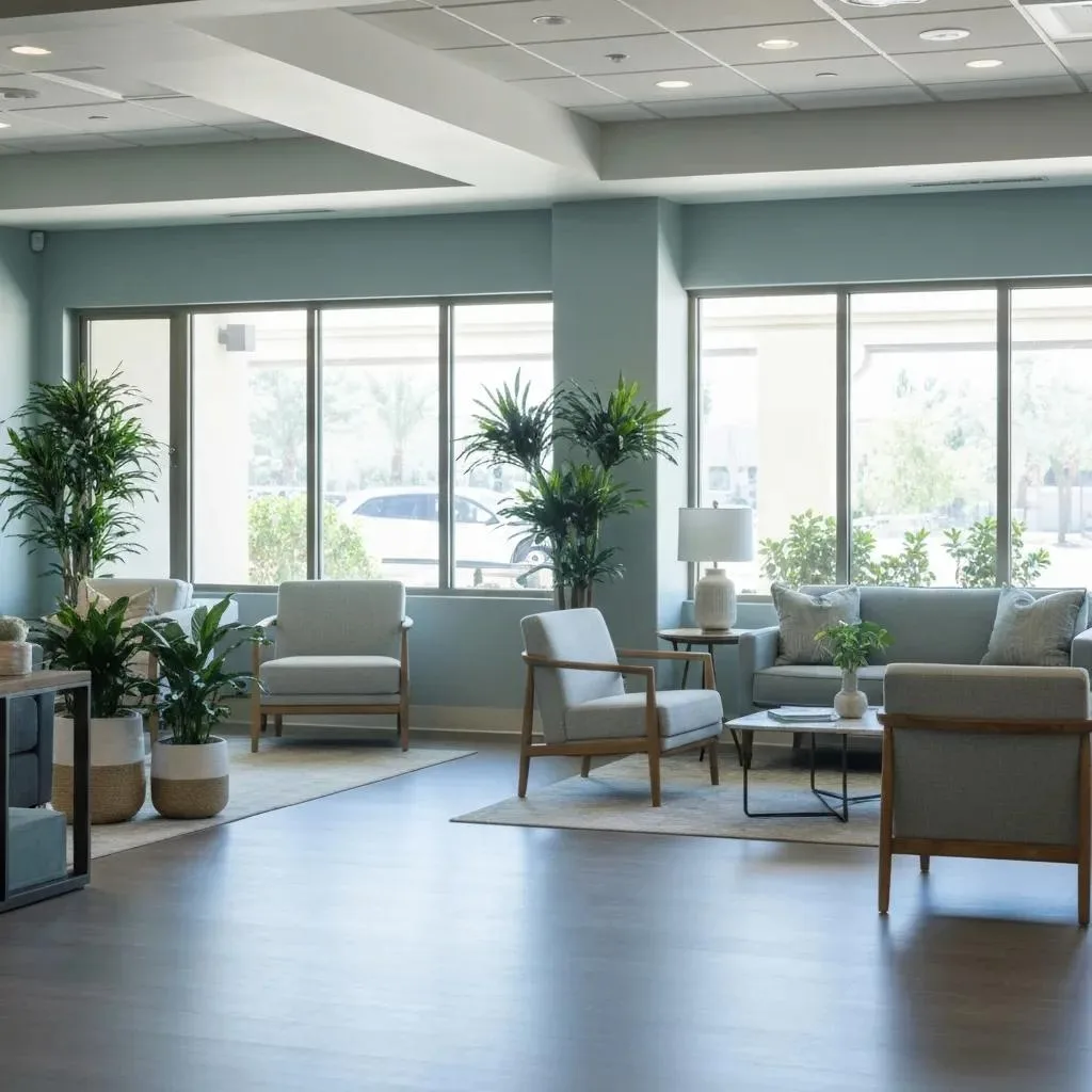 How To Choose The Right Detox Center In Las Vegas Modern reception area of BetterChoice Treatment Center in Las Vegas, featuring comfortable seating, plants, and natural light, emphasizing a serene environment for detox services.