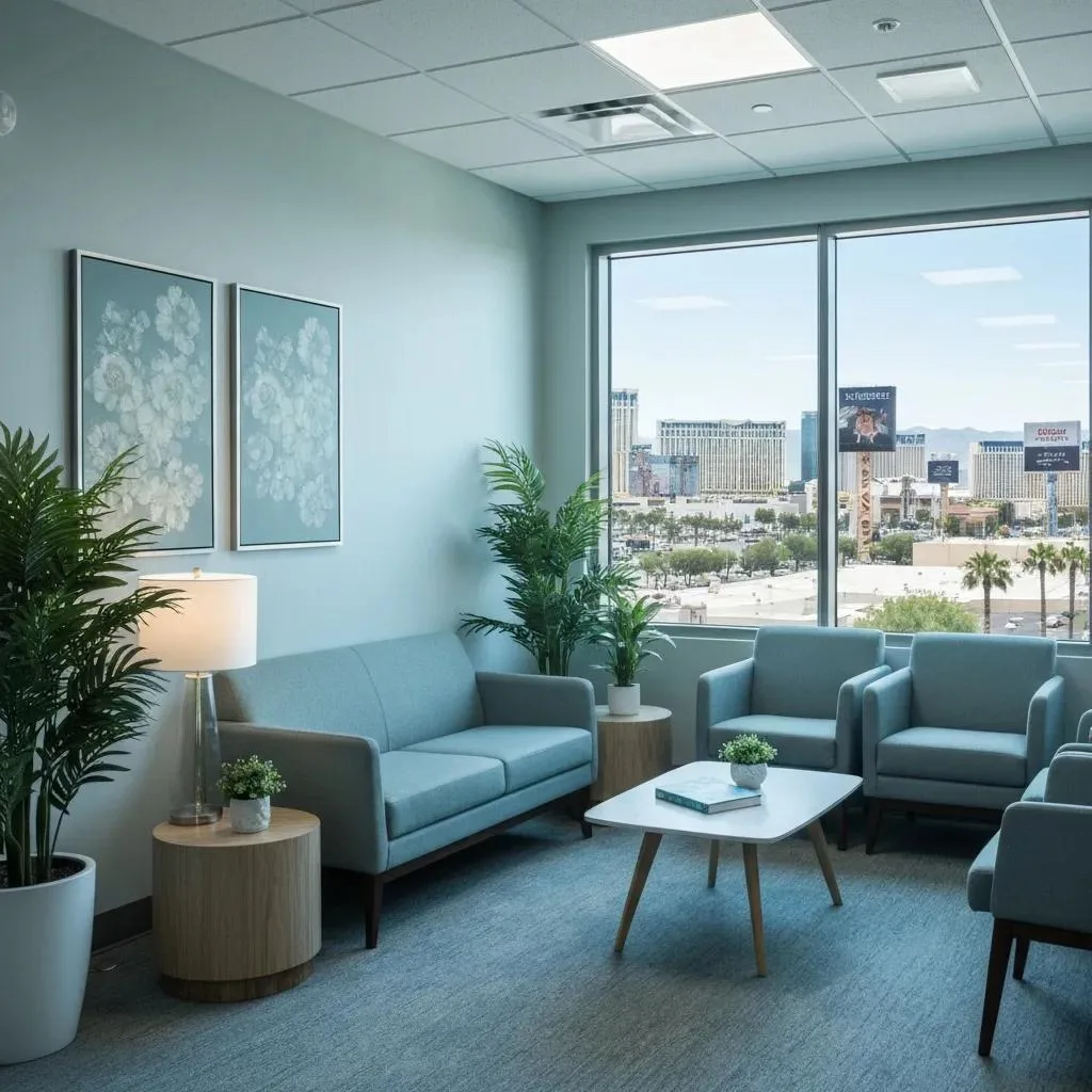 Understanding Alcohol Detox Options In Las Vegas Modern waiting area in a Las Vegas detox facility, featuring soft blue sofas, plants, and a view of the city skyline, emphasizing a calming atmosphere for individuals seeking alcohol detox services.