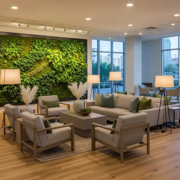 Blogs Modern detox facility lounge in Las Vegas with calming greenery, comfortable seating, and ambient lighting, promoting a serene environment for addiction treatment and recovery.