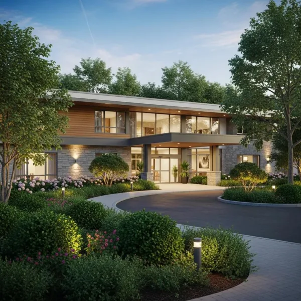 Modern Rehabilitation Center Entrance Surrounded By Greenery, Symbolizing Hope And Recovery
