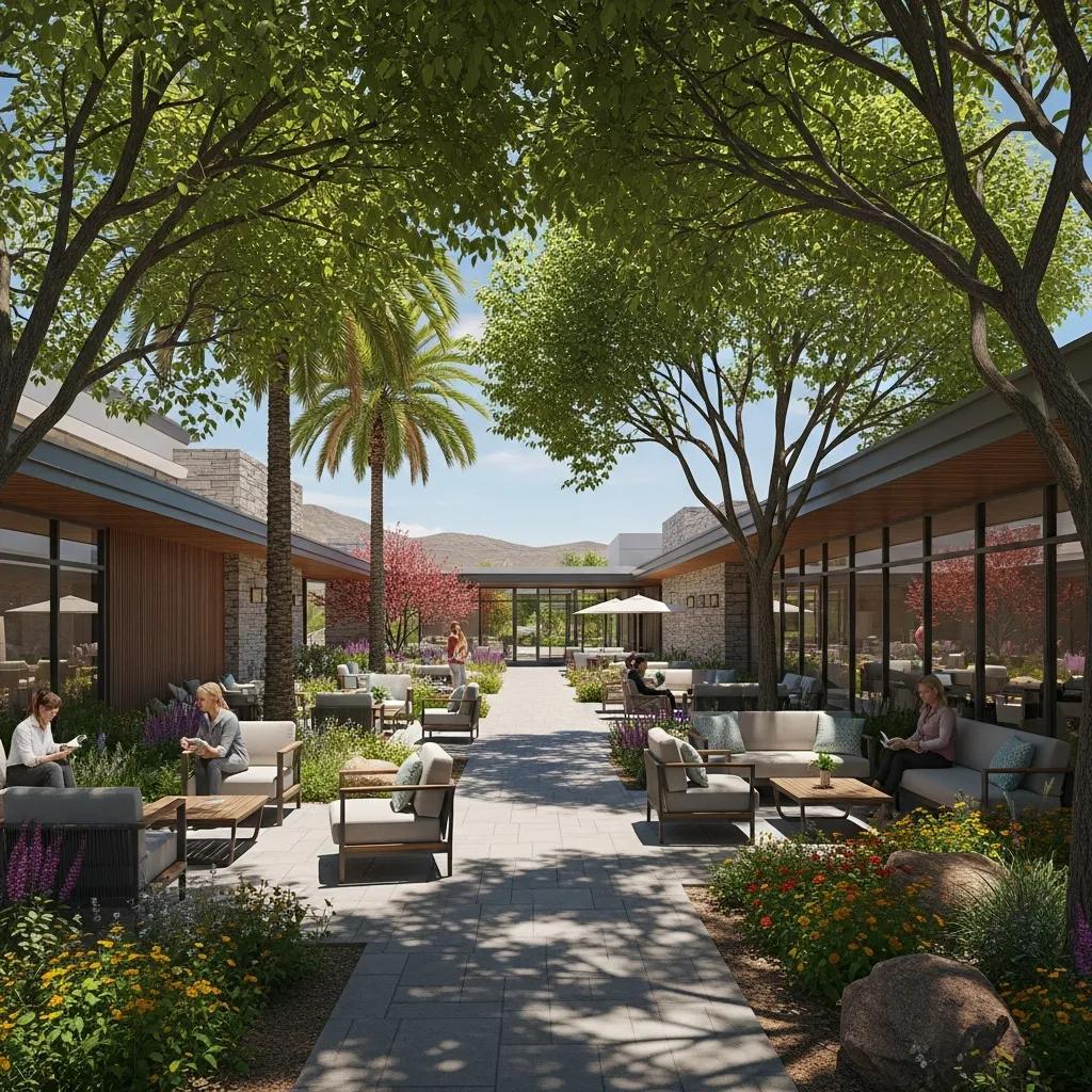Prescription Drug Rehab Anthem, Nevada Modern rehabilitation center courtyard in Anthem, Nevada, featuring lush greenery, comfortable seating areas, and individuals engaging in relaxation and conversation, emphasizing a serene environment for recovery and support.