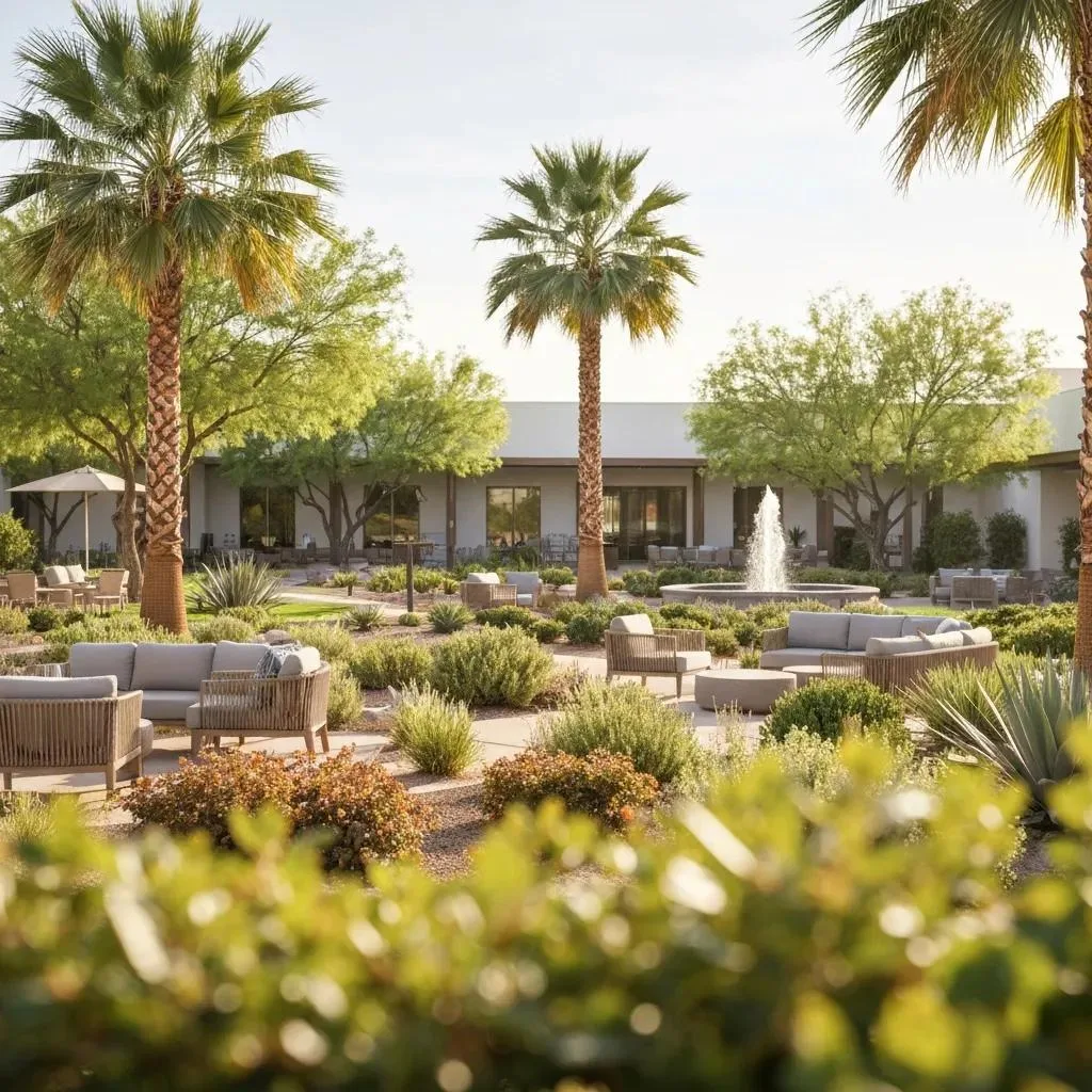 Serene outdoor space of a modern rehabilitation center in Las Vegas, featuring palm trees, comfortable seating areas, and lush landscaping promoting recovery and relaxation.