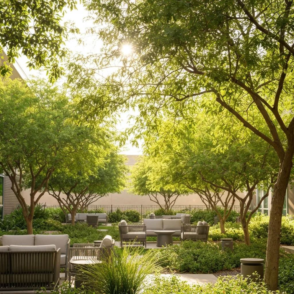 Serene outdoor space at a modern rehabilitation center in Las Vegas, featuring lush greenery, comfortable seating areas, and sunlight filtering through trees, promoting recovery and hope for individuals in treatment.