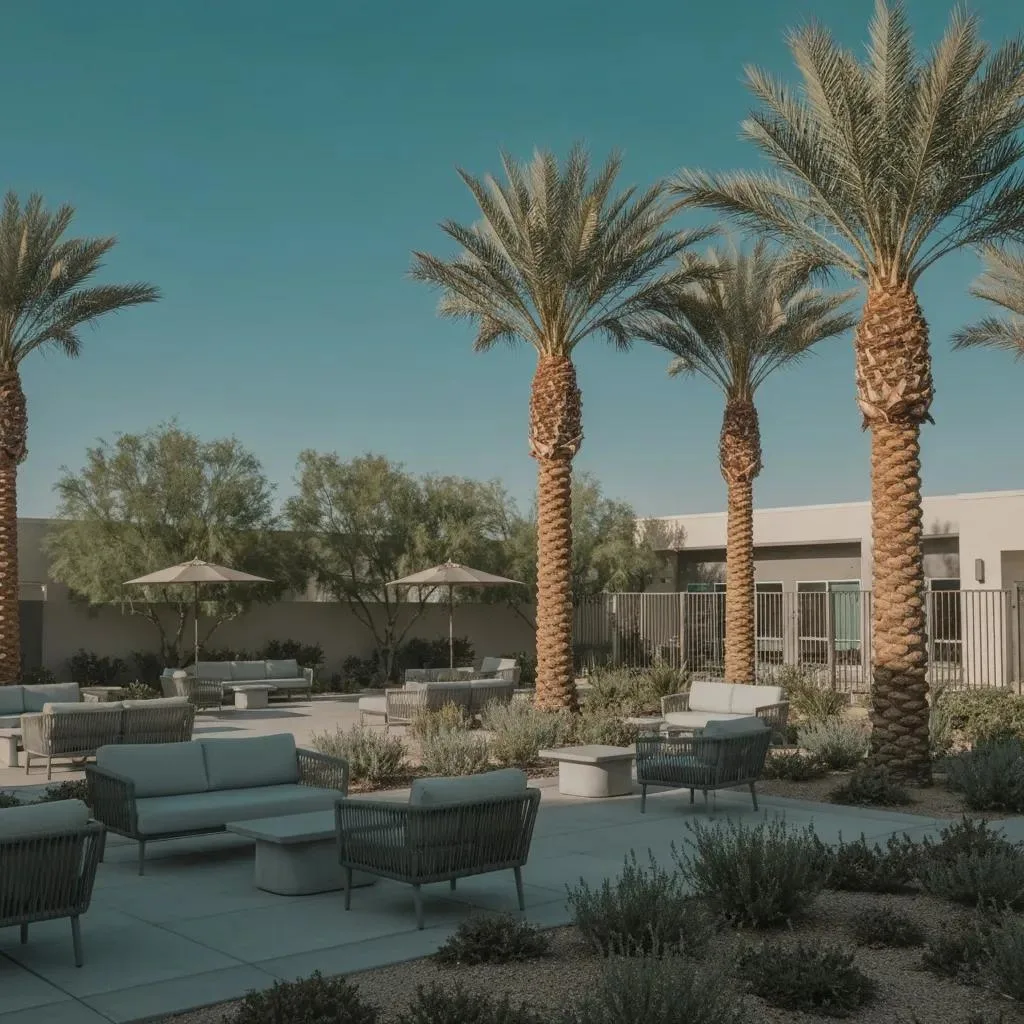 Alcohol Addiction Rehab In Las Vegas, Nevada Serene outdoor space at a modern rehabilitation center in Las Vegas, featuring palm trees, comfortable seating areas, and umbrellas, symbolizing hope and recovery for alcohol addiction treatment.