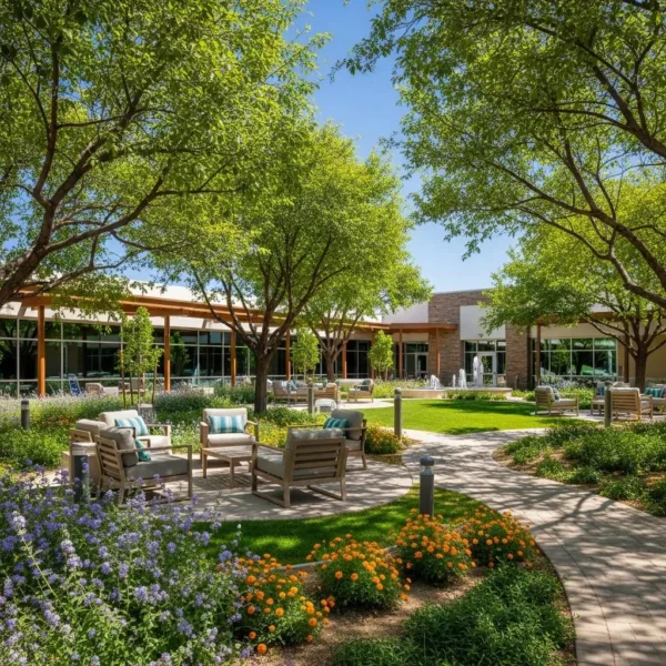 Blogs Modern rehabilitation center courtyard in Spring Valley, Nevada, featuring landscaped gardens, comfortable seating, and pathways symbolizing hope and recovery.