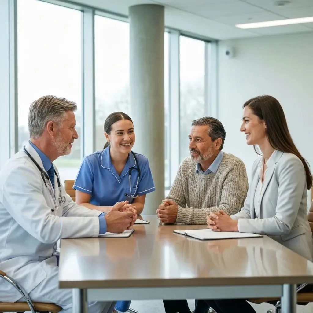 Multidisciplinary healthcare team discussing patient care, including a doctor, nurse, therapist, and patient in a treatment facility.