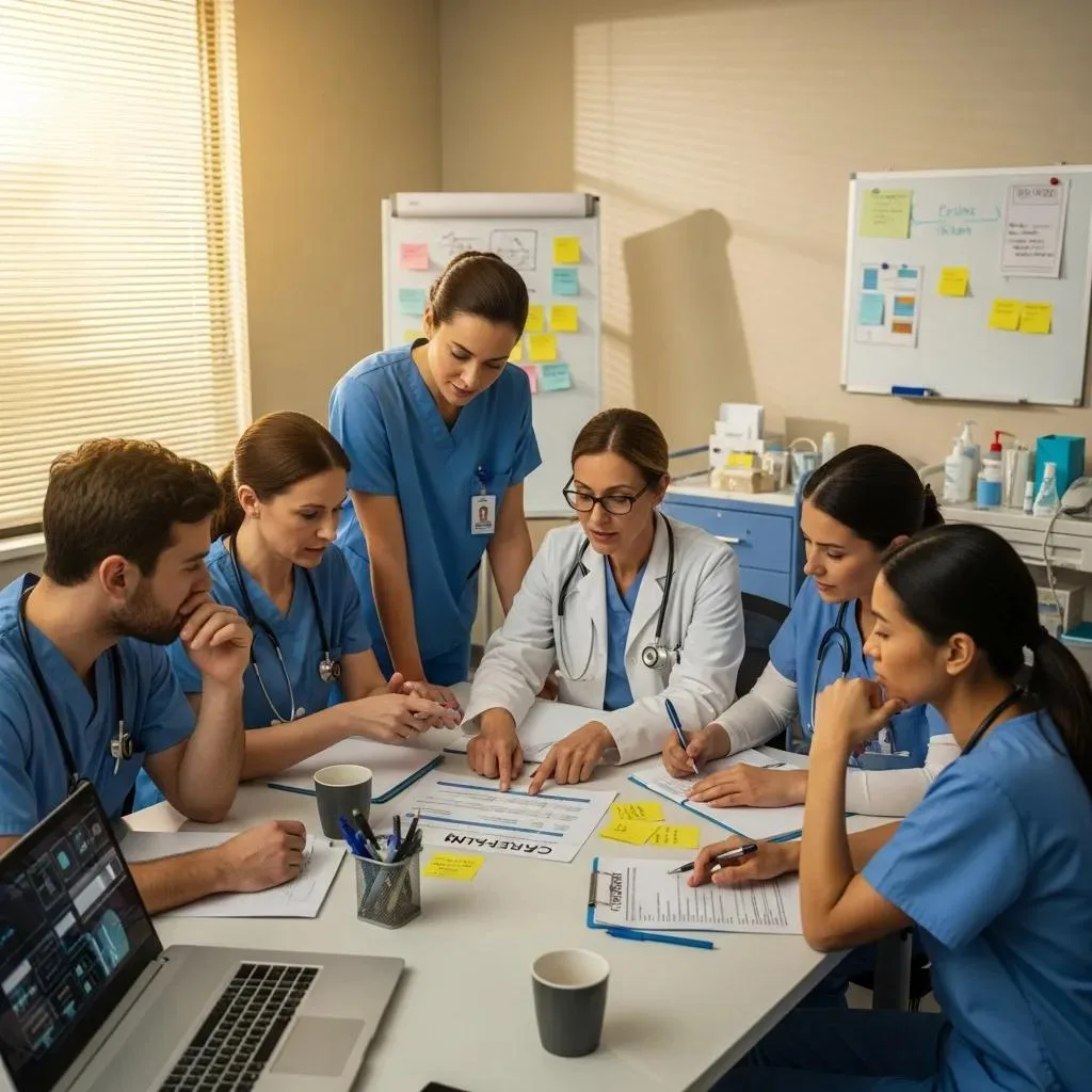 Specialized Fentanyl Detox Treatment In Las Vegas Multidisciplinary healthcare team collaborating on treatment strategies for fentanyl detox, discussing patient care in a clinical setting, with charts and medical documents on the table.