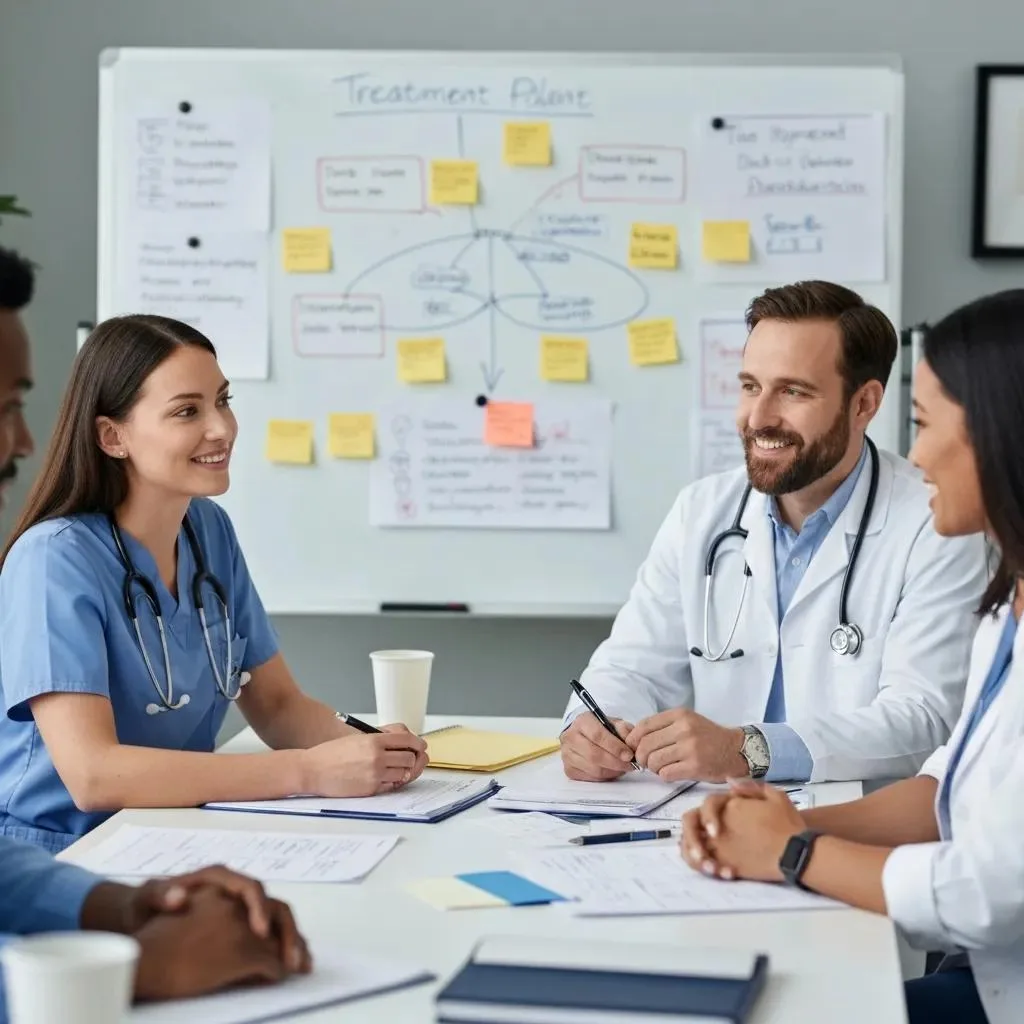 Dual Diagnosis Treatment In Las Vegas, Nv Medical professionals collaborating on dual diagnosis treatment plans, discussing integrated care strategies, with a whiteboard displaying treatment notes and flowcharts in the background.
