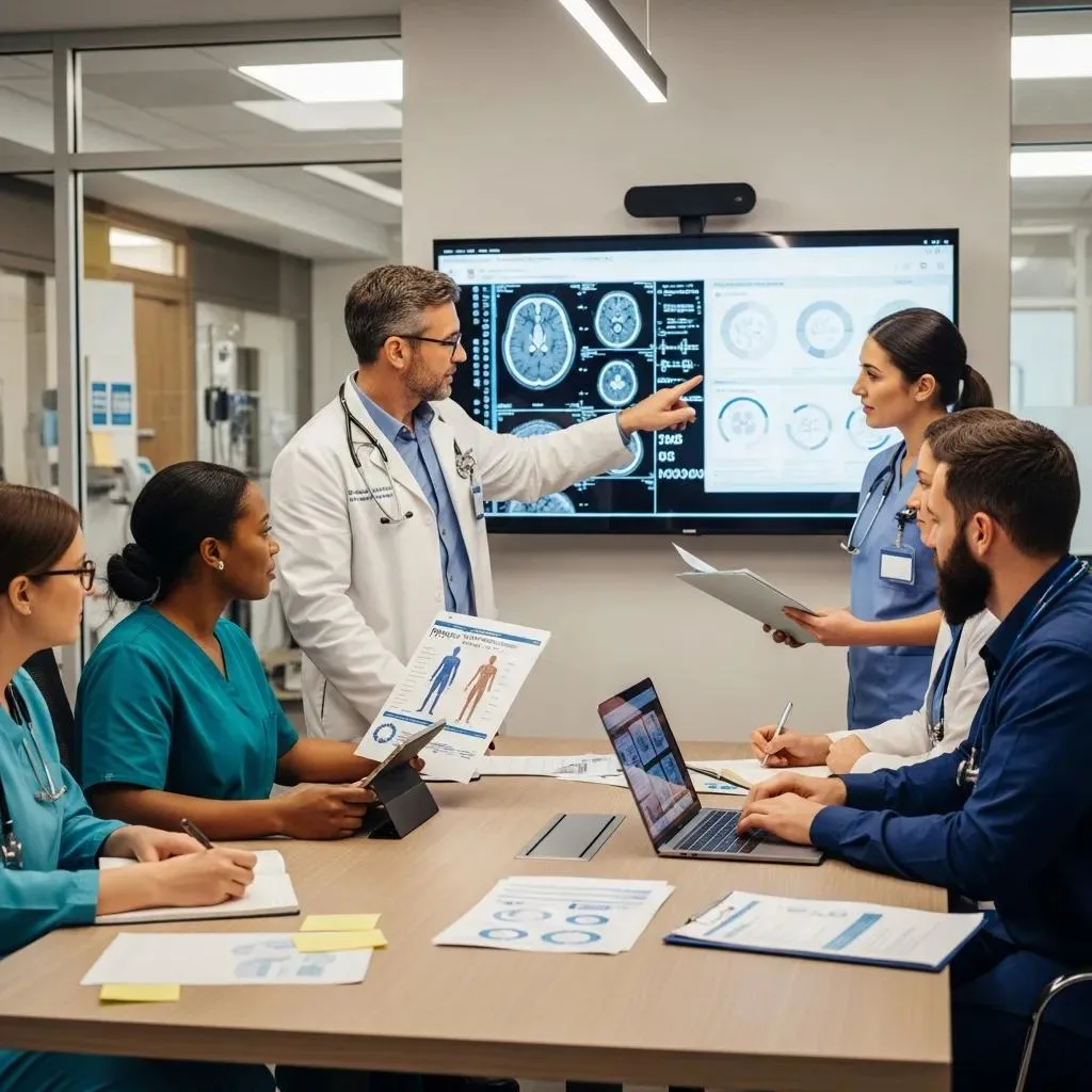 Drug Addiction Treatment Programs - Comprehensive Recovery Options Multidisciplinary team collaborating on patient care in a treatment center, discussing medical data and treatment strategies, with a focus on integrated addiction treatment approaches.