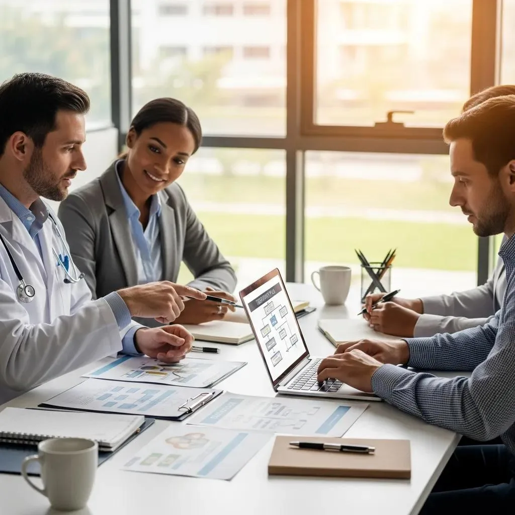 What To Expect During Addiction Rehab Multidisciplinary team of healthcare professionals collaborating on a personalized treatment plan for addiction recovery, featuring a physician, therapist, and case manager discussing assessment findings with a laptop and documents on a conference table.