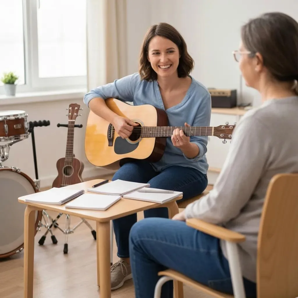 Music therapist engaging with a patient in a rehab setting, using guitar for active songwriting techniques, with instruments and notebooks visible.