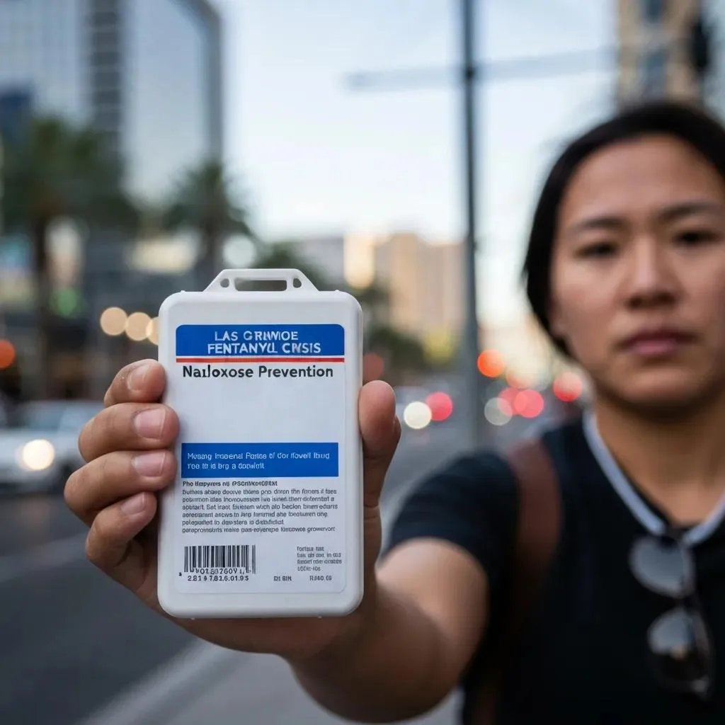 Understanding Drug Trends And Addiction In Las Vegas Individual holding a naloxone kit labeled "Naloxone Prevention" in Las Vegas, emphasizing the urgent response to the fentanyl crisis and overdose prevention efforts.