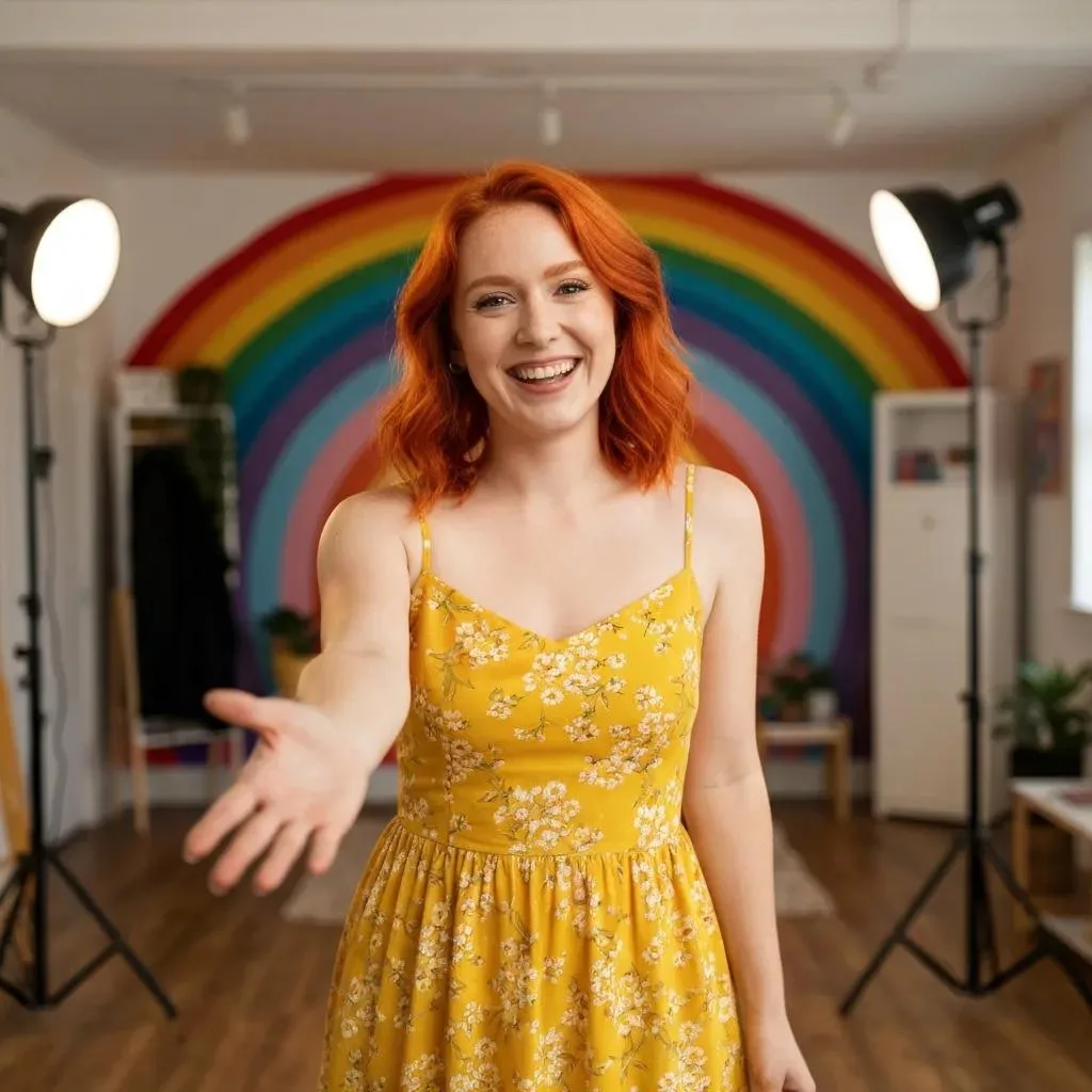How To Choose The Right Detox Center In Las Vegas Smiling woman in a yellow floral dress extending her hand, standing in a colorful studio with a rainbow backdrop, emphasizing a welcoming atmosphere.