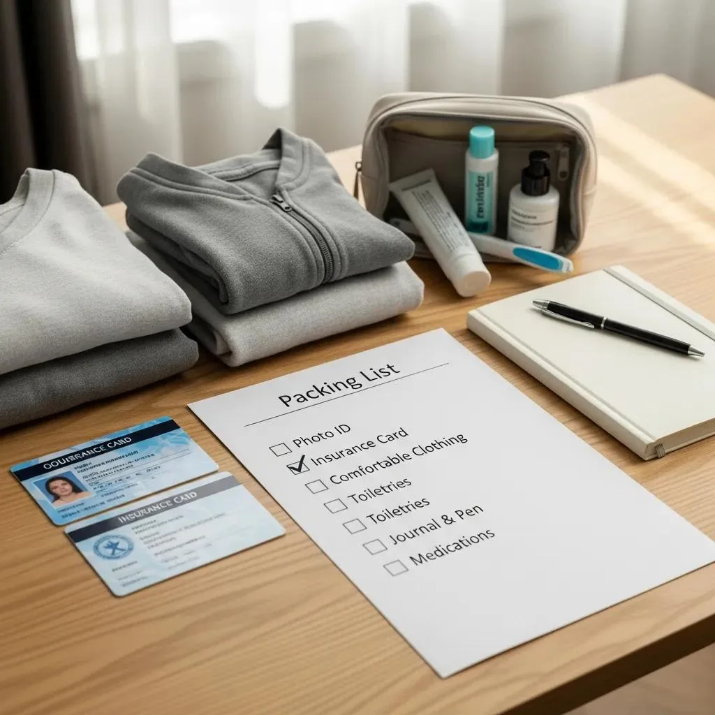 Detox Preparation Checklist: What To Do Before Packing list with checked items for detox preparation, including insurance card, comfortable clothing, toiletries, journal, and pen, alongside neatly folded gray clothing and personal care products on a wooden table.