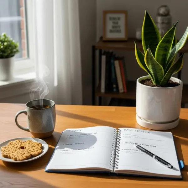 Organized Workspace With A Planner And Calming Elements Promoting Time Management For Sobriety