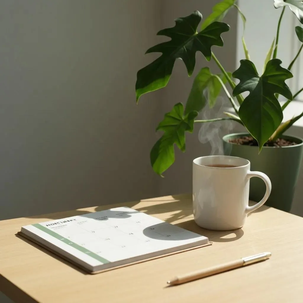 Organized workspace with a planner, steaming cup of tea, and green plant symbolizing time management and self-care for sobriety.