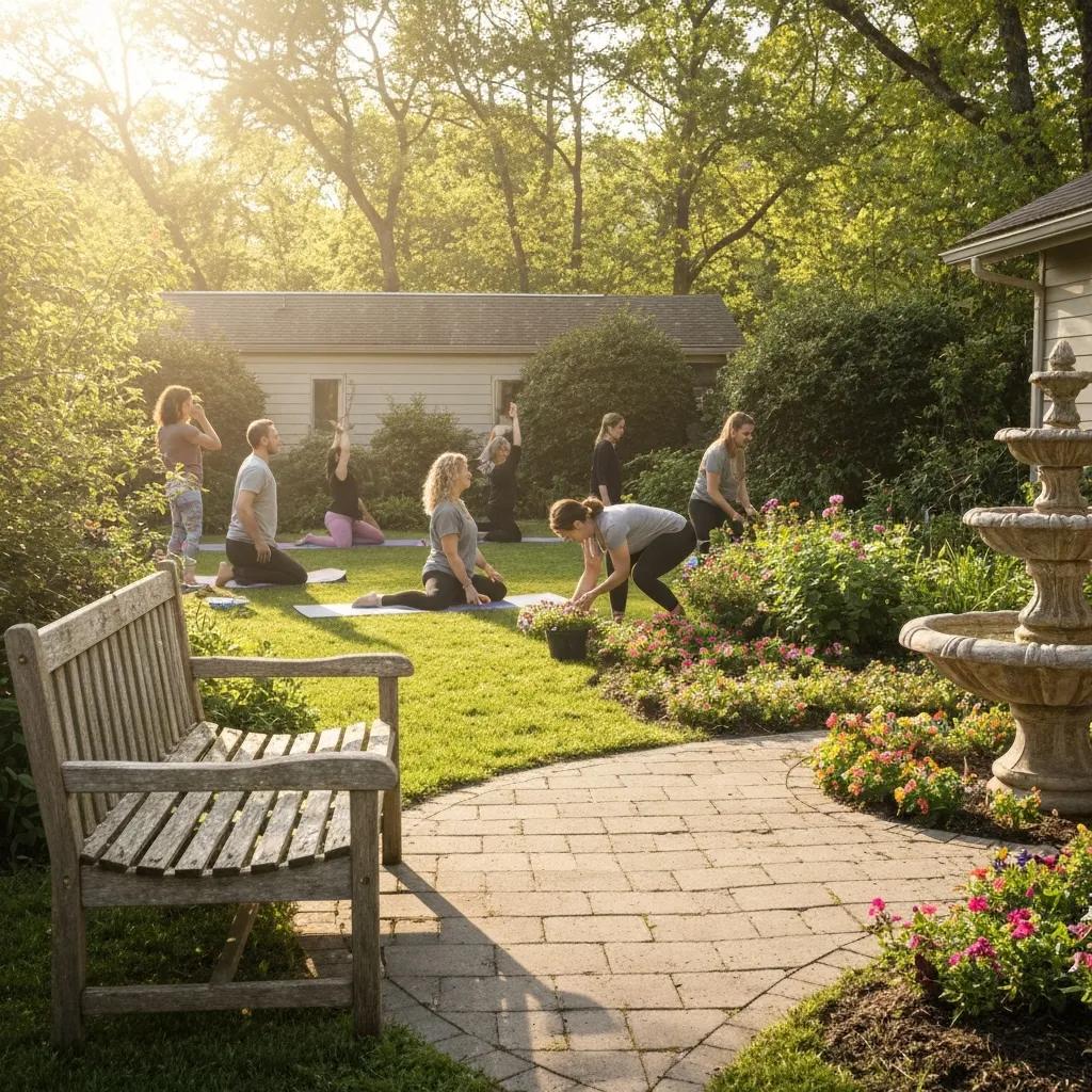 Residents engaging in yoga and gardening in the outdoor space of a sober living home, highlighting recovery benefits and peer support in a serene, structured environment.