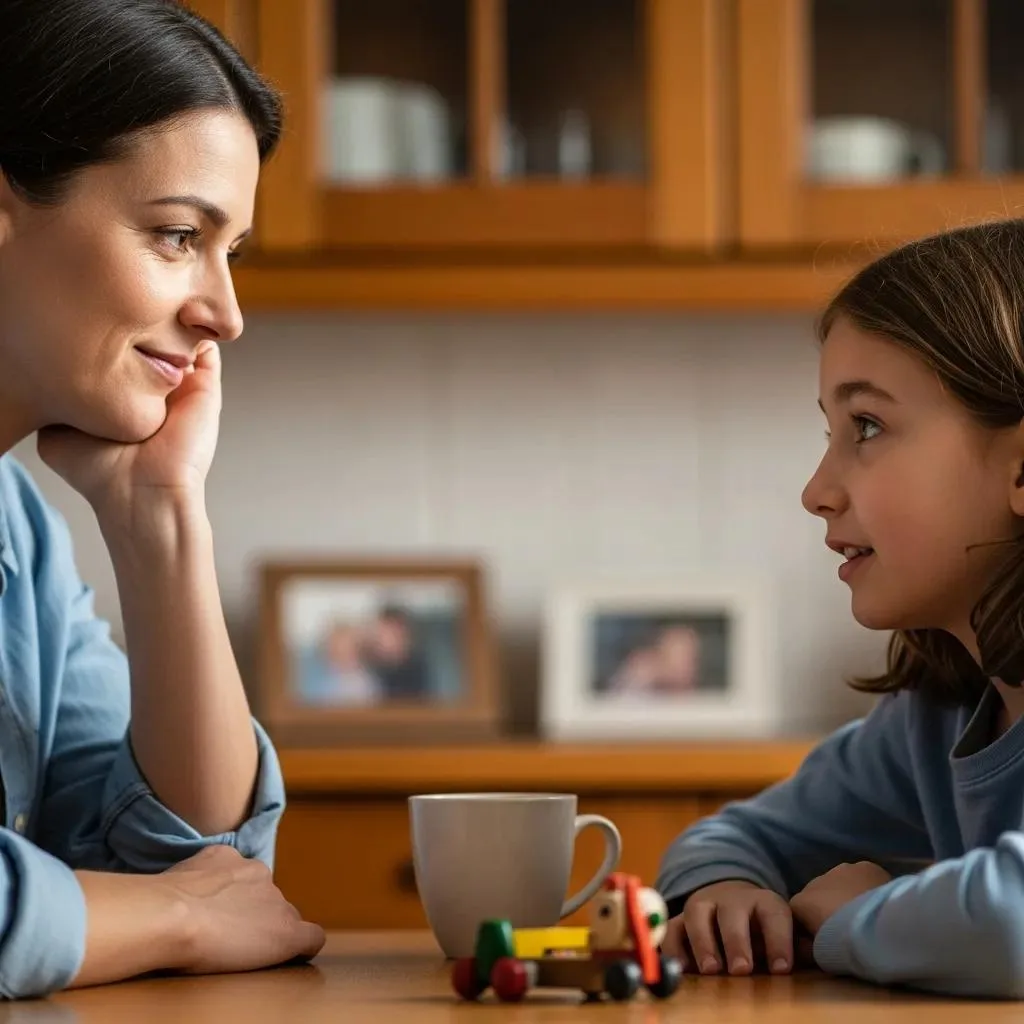 A Parent And Child Having A Calm, Open Conversation At The Kitchen Table — Highlighting Trust And Communication