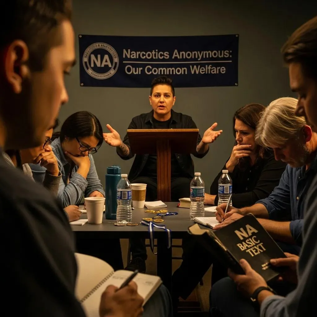 A Group Sharing At An Na Meeting, Showing The Meeting'S Structure And Interaction.