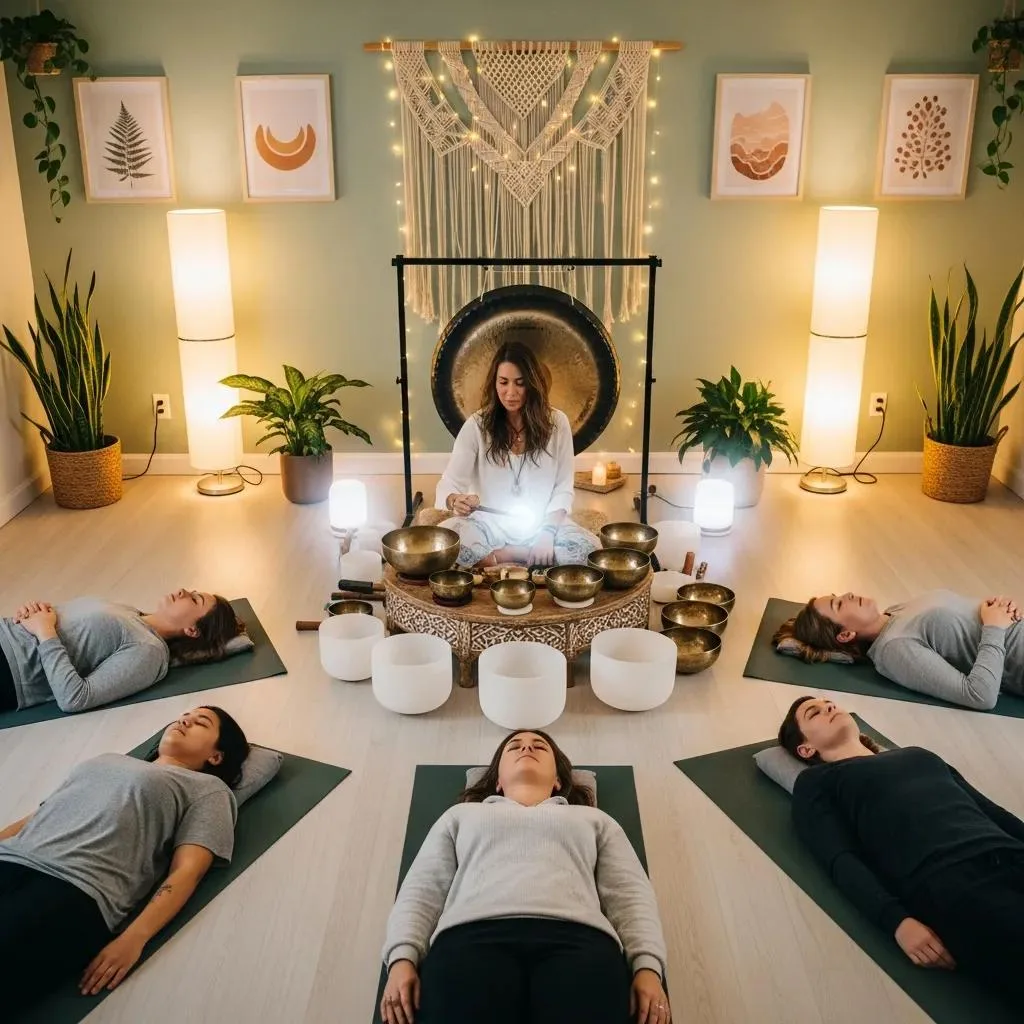 Participants in a sound bath therapy session lying on mats, experiencing relaxation and emotional release, with a therapist playing singing bowls in a serene, softly lit environment.