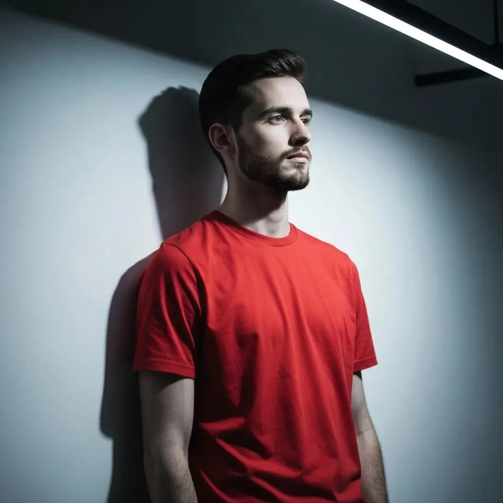 Man in a red shirt standing against a wall, reflecting a calm demeanor, symbolizing mindfulness and relaxation in therapeutic settings.